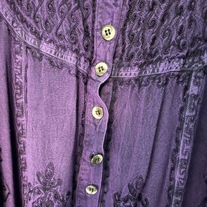 Holy Clothing embroidered button front mini dress.